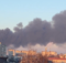 A building burns following a Russian airstrike close to Lviv airport in western Ukraine