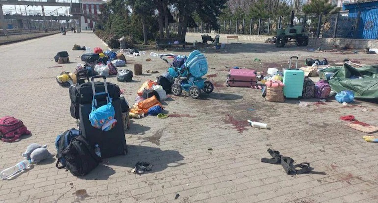 The scene following a Russian attack at Kramatorsk train station